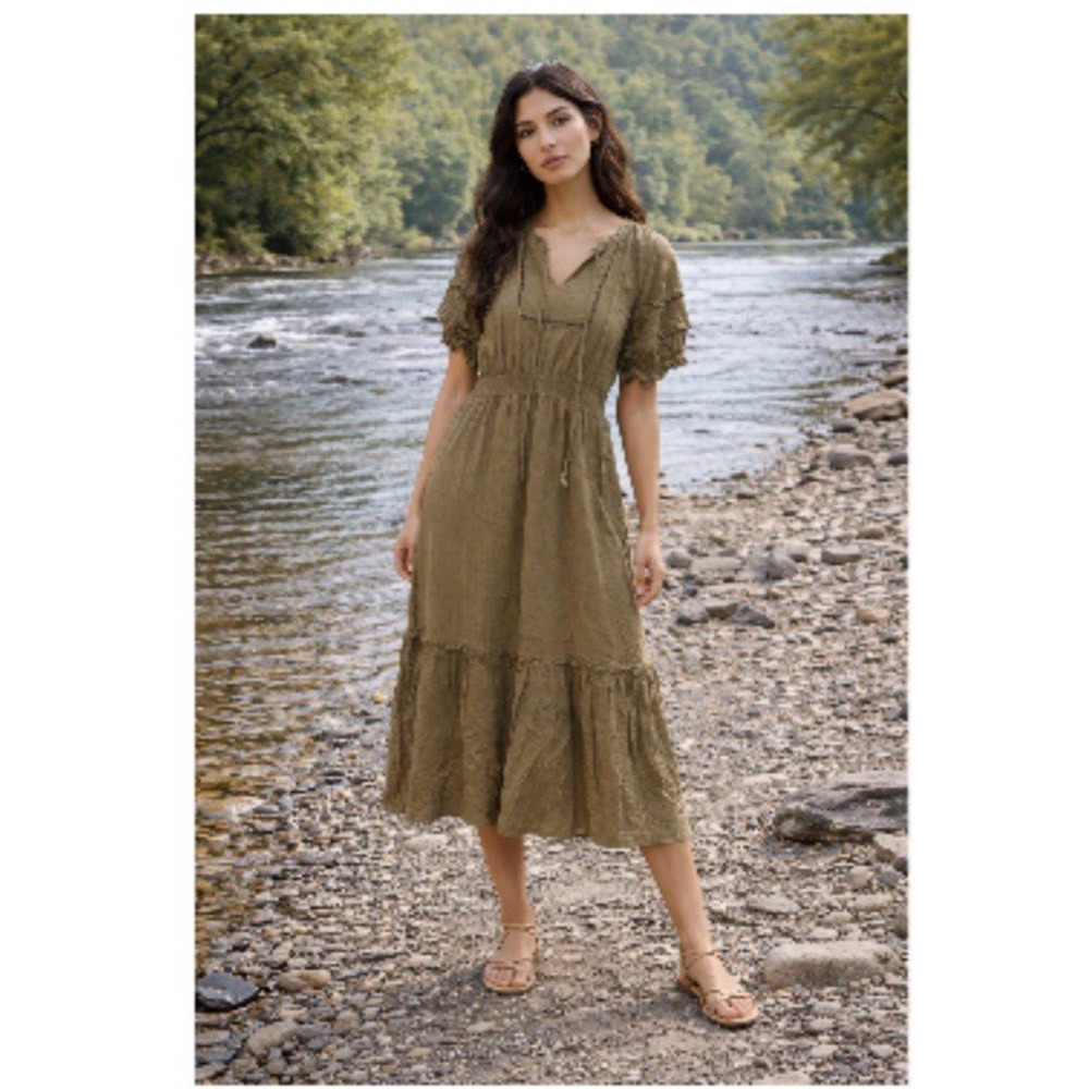 BOHO Dress (L) Ruffled Olive Green Western Smocked‎ Cottagecore Prairie Flowy